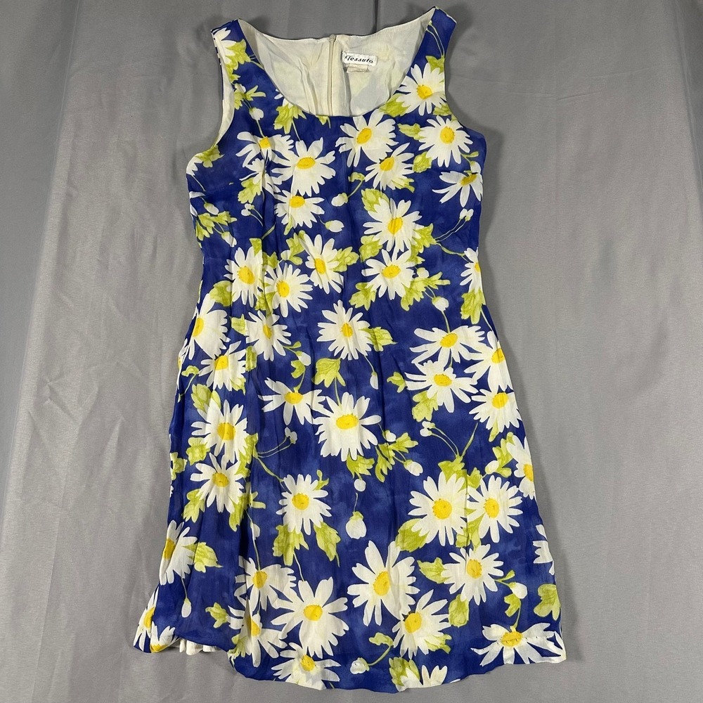 Tessuto Vintage 90s Daisy Floral Mini Dress Blue White Rayon Made in USA Size 10